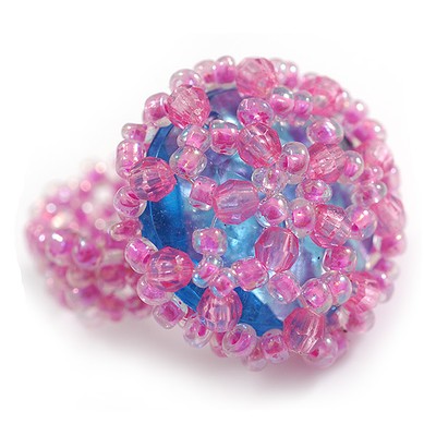 20mm D/Pink Flamingo Glass and Blue Acrylic Bead Button-shaped Flex Ring - Size