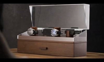 HOLME & HADFIELD WOOD 4 WATCH AND Knife DISPLAY CASE ORGANIZER W/ DRAWER Walnut