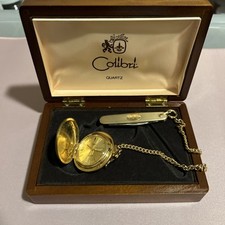 Colibri Swiss Quartz Pocket Watch 2 Blade Knife Gold Plated Wood Box Engraved