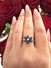 S925 Sterling Silver Blue Flower Cluster Ring Floral Statement Ladies Size 52