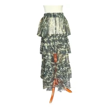 Camouflage Sheer Maxi Tiered Skirt Y2K Elastic Waist Steetwear Mesh Layered L