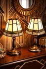 Vintage Stained Glass Lamp Shades Pair – Leaded Glass Geometric Mission Style
