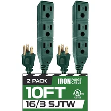 Power Strip Extension Cord 10 ft 2 Pack 3 Outlet Heavy Duty Weatherproof