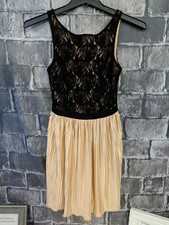 Rewind Cocktail Party Dress Black Lace Overlay Champange Shimmer Pleated Size S