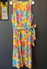 NWT! TALBOTS YELLOW BOTANICAL FLORAL PARROT SWISS DOT MIDI BELTED LINED DRESS 14