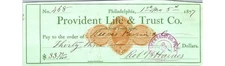 1877 Provident Life & Trust Co Check Philadelphia Banking History Security Paper