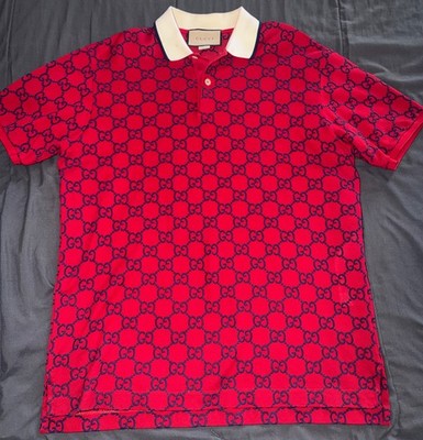 Gucci GG Monogram Polo Shirt Red Men s Size L Thick Logo Print Made In Italy