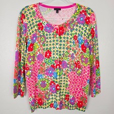 Talbots Cardigan Floral Colorful Knit 3/4 Sleeve Pink Multicolor Size L