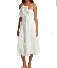 Farm Rio Women's Dress Garden Sleeveless Midi Off White Linen Blend XS Applique