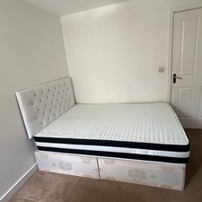 Double Bed White Faux Leather Headboard + Memory Foam Mattress
