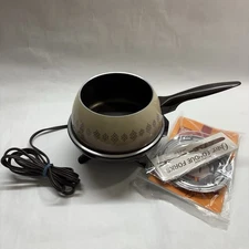 Vintage 1981 OSTER Electric Fondue Set, Harvest Gold w/4 Forks & Top