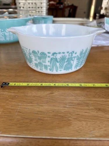 VTG Pyrex Turquoise Amish Butter Print Pattern #474B 1 1/2QT Made in USA. No Lid