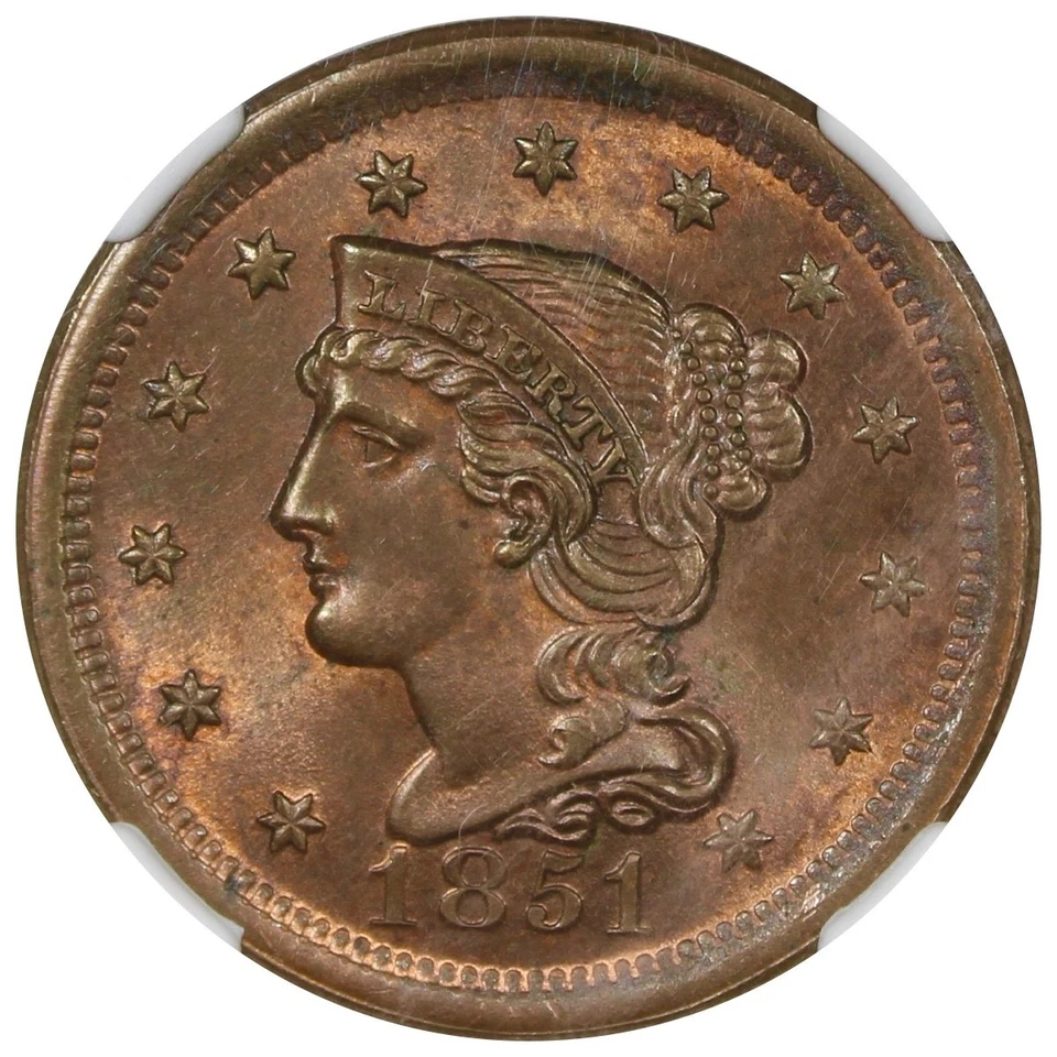 1851 Braided Hair Large Cent NGC MS65RB RED BROWN Gem Quality - Image 3 of 4