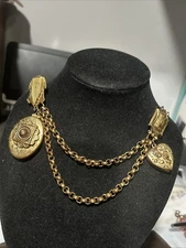 62g Antique Victorian Gold Fill Book Chain Fur Guard Clips W/Locket~Heart Slider