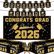 Graduation Decorations 2026 Black Gold Congrats Grad Banner Backdrop Tablecl...