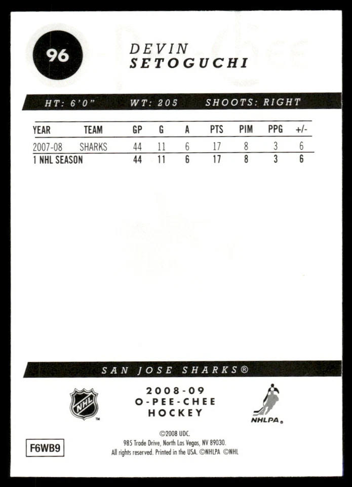2008-09 O-Pee-Chee Gold Devin Setoguchi San Jose Sharks #96 - Image 2 of 2