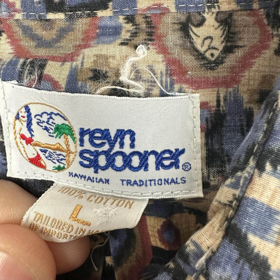 Camisa Popover Reyn Spooner Para Hombres L Beige Azul Tortuga Pez Estampado Inverso Algodón Foto 3 de 4
