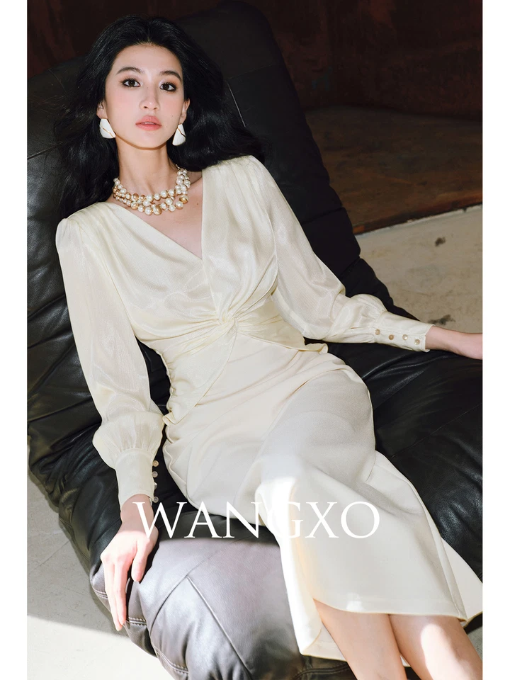 Mujeres Vestido Lápiz Largo Ajustado Manga Abullonada Satén Cuello en V Oficina Dama Noche Fiesta Foto 3 de 4