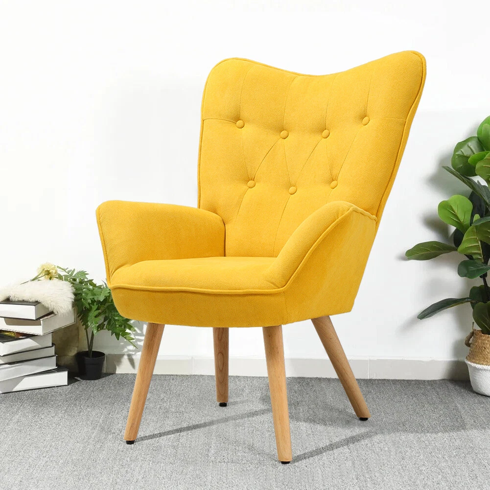 High Wing Back Armchair Lounge Chair Yellow Single Sofa Livingroom Fabric Tufted