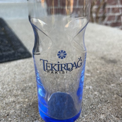 Barra turca Tekirdag Rakisi vidrio tradicional transparente con vaso de tinte azul 5" NUEVO - Imagen 5 de 7