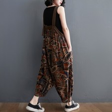 Women Floral Cotton Overalls Dungarees Casual Jumpsuit Baggy Trousers Pants Chic