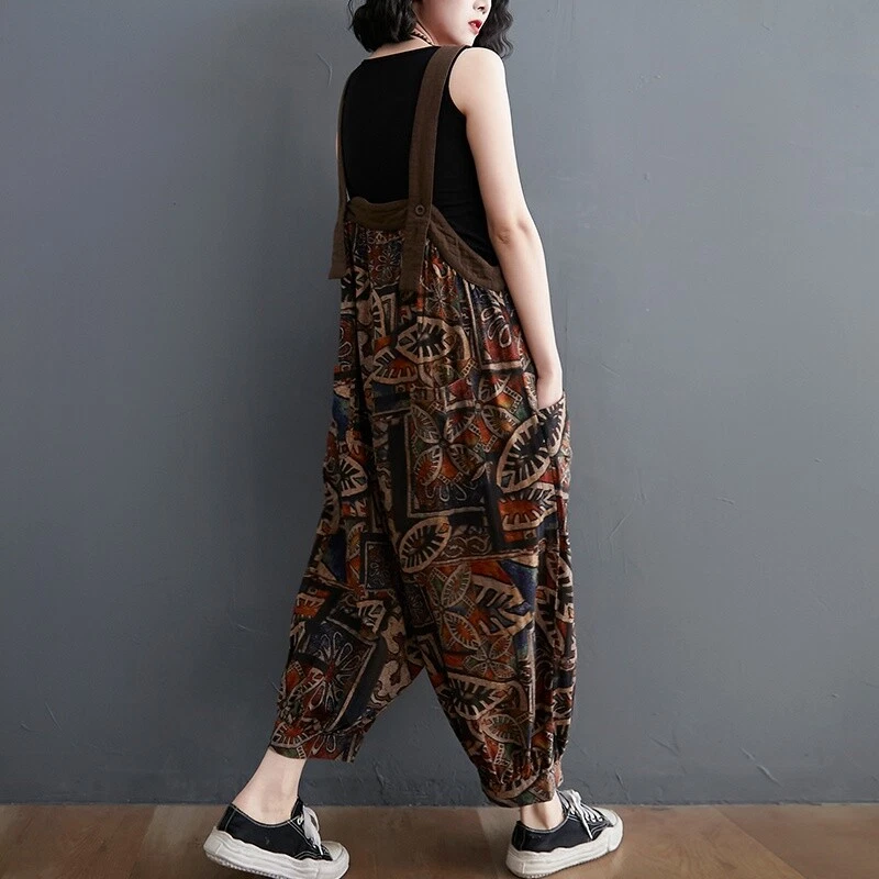 Femme Imprimé Floral Coton Salopette Combinaison Pantalon Baggy - Photo 3/4