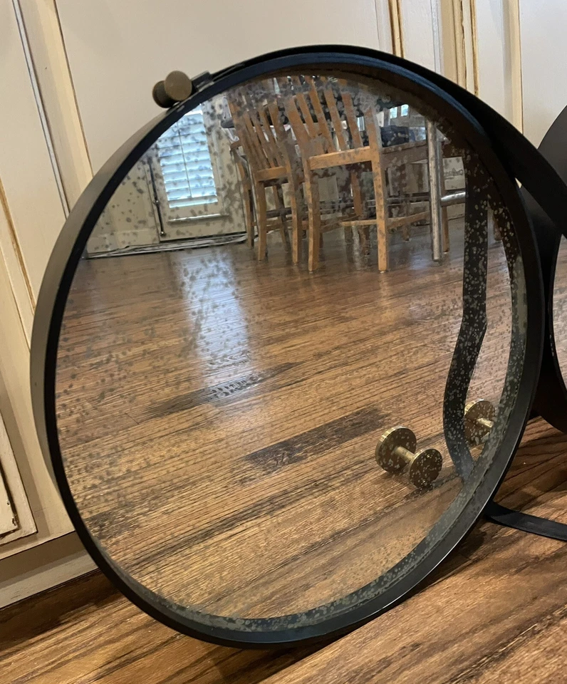 Expedition Round Hanging Wall Mirror Strap Brass Hanging Rods Speckled Lot 2 - Image 2 of 4