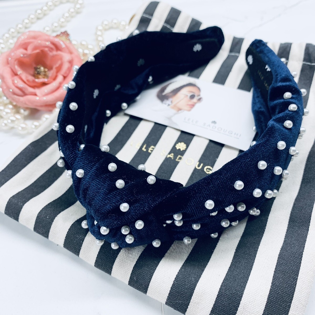 Lele Sadoughi x J.Crew Pearl Navy Velvet Headband | eBay display picture 2