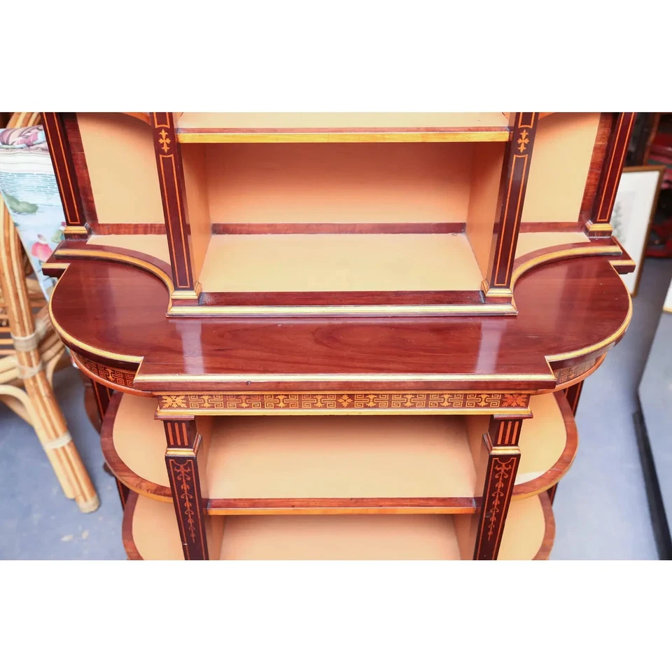 Librería antigua inglesa de marquetería de caoba y madera satinada Foto 3 de 4