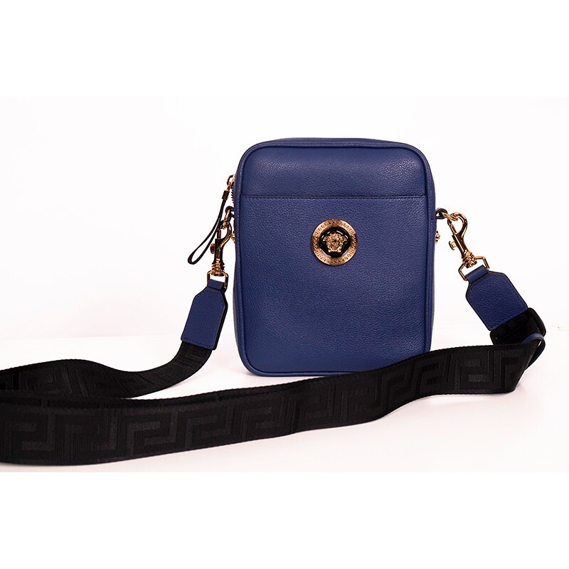 NEW $1,400 VERSACE Men Blue Leather GOLD MEDUSA LOGO NEW $1,400 VERSACE Men Blue Leather GOLD MEDUSA LOGO
