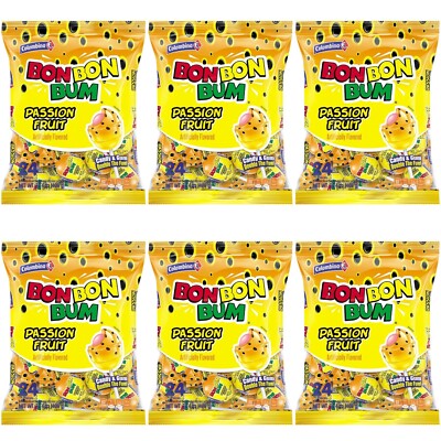 Colombina Bon Bon Bum Passion Fruit Bubble Gum Lollipop Colombian Candy (6 Bags)