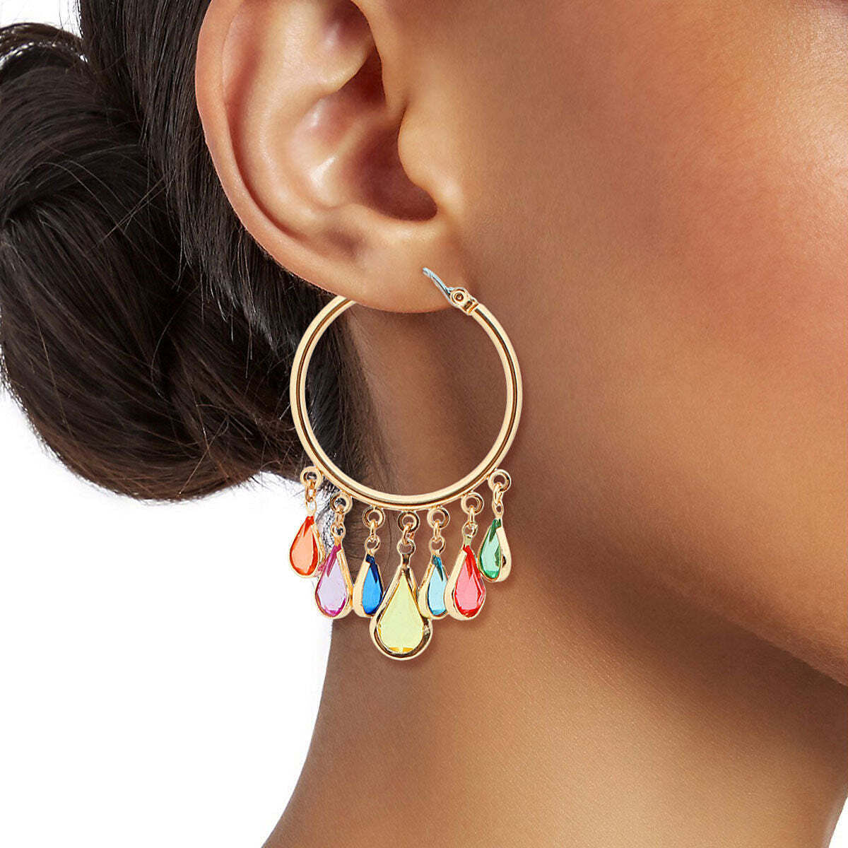 Hoop Earrings Glass Teardrop Gold Metal Multi color Earrings-image