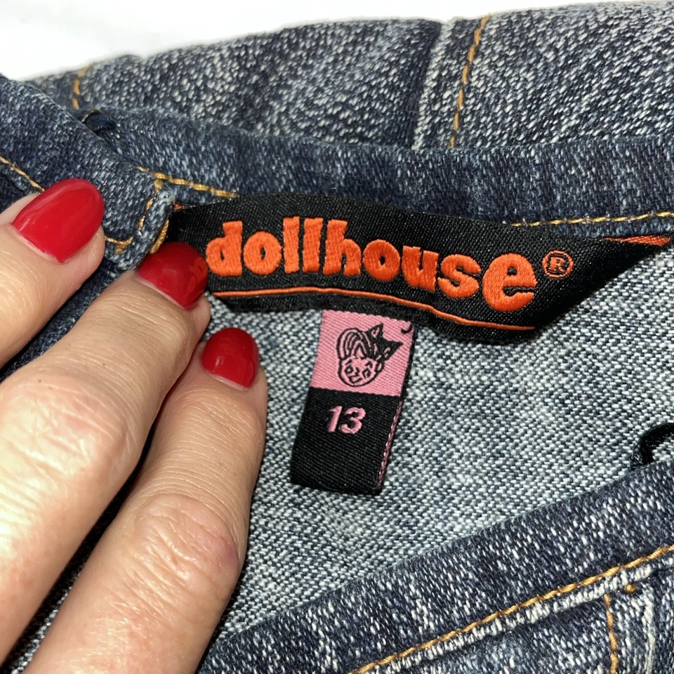 Vtg DOLLHOUSE RARE Asymmetrical PLEATED Denim JEAN Skirt 13 Raw Hem Faded Emo 13 - Image 2 of 4