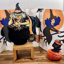 VTG Halloween Decorations Witch Table Cover, Cardboard  Crepe Paper Owl  Cat