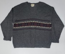 Vintage Eddie Bauer Mens XXLT Fair Isle Wool Blend Grey V-Neck Sweater USA Made