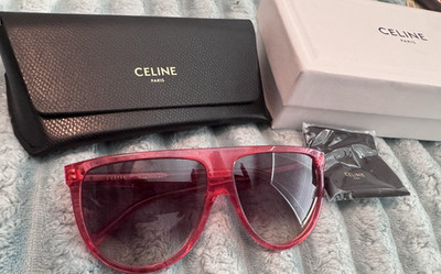CELINE Women's Oversized Round Sunglasses Red Plastic Frame Gray Tinted Lenses