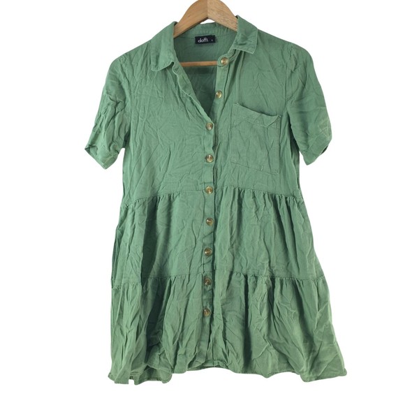 Dotti Shirt Dress Womens 8 Green Collared Short Sleeve Button Tiered Mini 135795