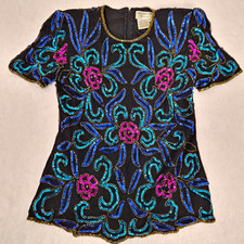 Papell Boutique Evening Vintage Silk Beaded Sequin Top Blouse Floral Women S Y2K