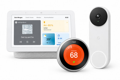 Google Nest Smart Home Set   Nest Hub 2. Gen, Doorbell Akku & Thermost Kreide