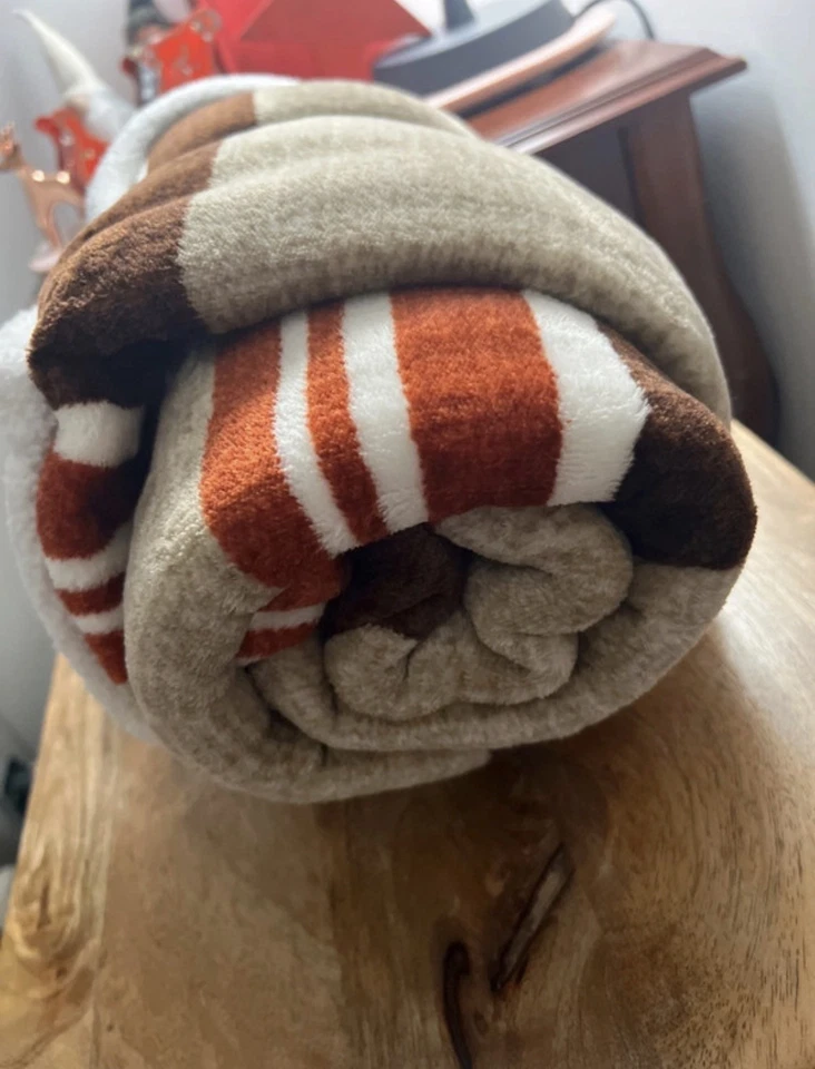 Printed Velvet Plush & Faux Shearling Soft Throw Blanket,, Brown Stripe 50x60 - Image 4 of 4