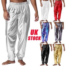 UK Mens Shiny Metallic Jogger Pants Loose Yoga Harem Pants Modern Dance Trousers