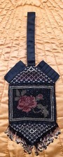 UNUSUAL ANTIQUE 1920  S FLORAL BEADED PURSE W PLEATED ANGLED TOP  BEAD FRINGE