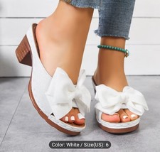 Women  s White Platform Slip-On Block Heel Sandals w/ Bow, Open Toe US 6