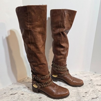 Stuart Weitzman Yeeha Over Knee Boots Sz 4.5 Brown Leather Studded Ankle straps