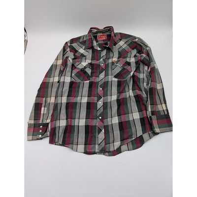Ely Plains Vintage Western Pearl Snap Plaid Shirt Burgundy Green Mens 16.5 x 34