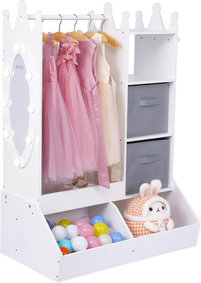 Girls' Dress-Up Storage Wardrobe with Lighted Mirror & Bin - White