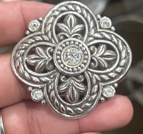 Brighton Silver Tone Clover Shaped Fleur De Lis Clear Crystal Brooch Pin