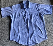 Manhattan Shirt Mens 17 Button Up Short Sleeve Blue USA Made Dress Church Vtg