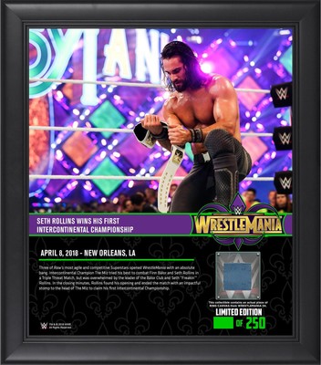 Seth Rollins WWE Framed 15x17 WrestleMania 34 Collage w/Piece MU Canvas - LE 250