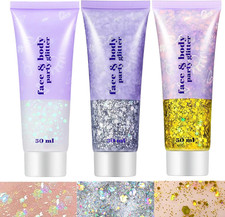 White Silver and Gold Face Body Glitter Gel,Holographic Long Lasting Chunky Sequ